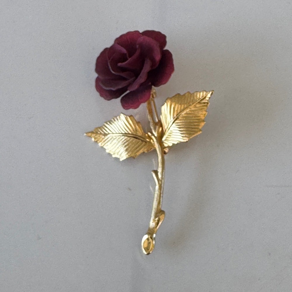 Vintage Gold Tone Burgundy Rose Flower Brooch Pin Matte Floral Lapel Pin 1980's